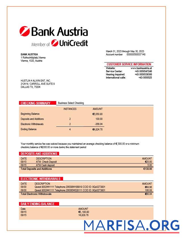 Realistic Bank Austria organization statement Word and PDF template